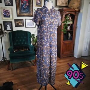 Vintage 90s Blue Ginger Hawaiian Floral Dark Blue Midi Dress Mandarin Collar